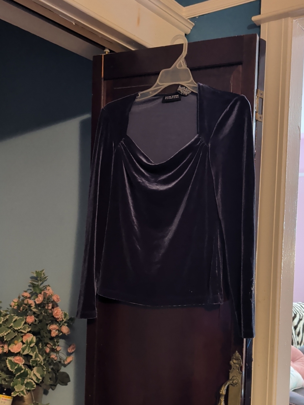 Velvet Cowl Neck Long Sleeve Top - Deep Blue